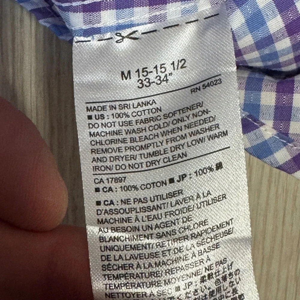 Banana Republic Mens Tailored Slim Fit NonIron Gingham Dress Shirt Blue Purple M